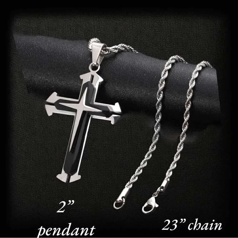 Men’s Necklace l 2” Cross Pendant l Stainless Steel l 24” Rope Chain l New